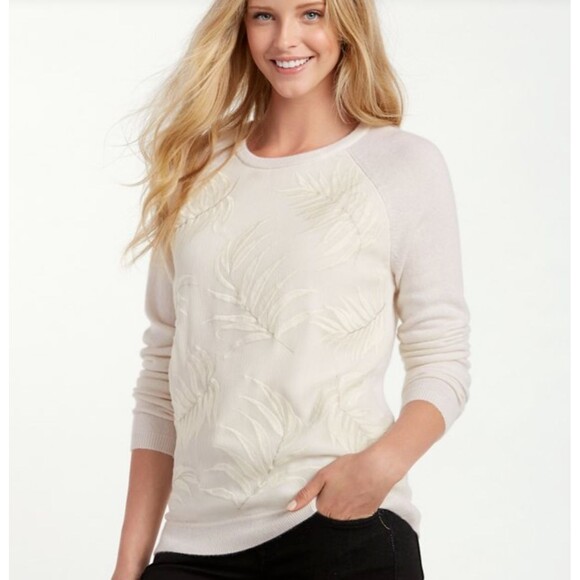 Tommy Bahama Womens Cashmere Sweater Medium Silk Front Cream Fronds Falling Palm - Picture 1 of 9
